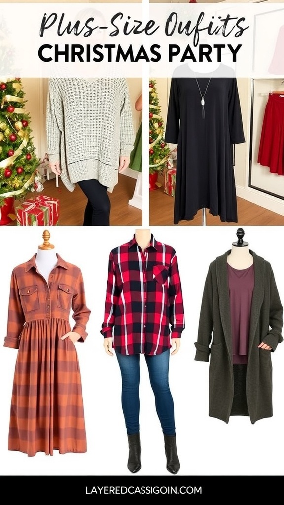 Stylish plus-size Christmas party outfits including sweaters, dresses, and skirts displayed in a festive environment.